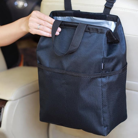Ginsco New Leak-Proof Travel Car Trash Bag, 3.5 Gallons Large Capacity Hanging Car Trash Can with Hook and Loop Lid and Handle, Multipurpose Trash Bin with Storage Pockets for SUV RV Camping (Black)