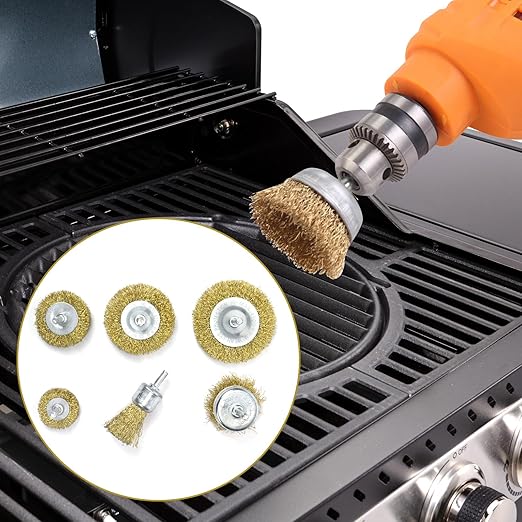 6 Pc Wire Wheel Brush for Grill Cleaning Removes Stubborn Stains,Rust Removal, Corrosion, Polishes Metal Burrs, and Scrubs Surfaces Perfect for BBQ Ovens and Grills Compatible with electric hand drill