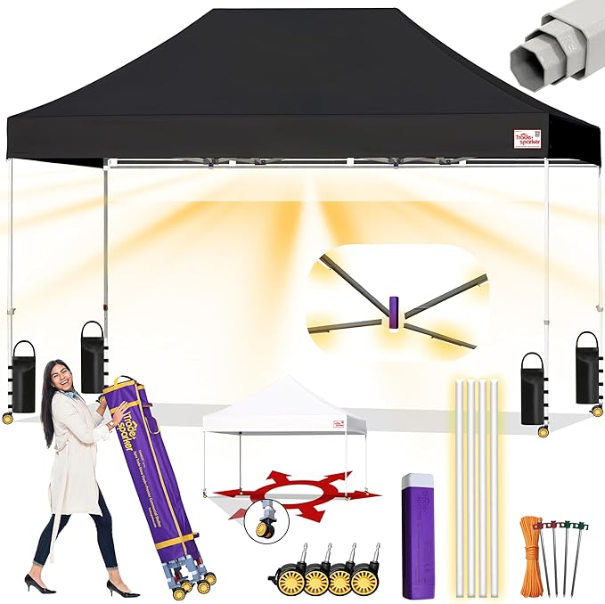 Tradesparker 10x15 Pop Up Canopy Tent,Easy up Commercial Canopy Tent Instant Shelter for Beach Events Parties Camping Market,Pop Up Canopies with LED Curtain+Casters+Weight+Stakes,Black