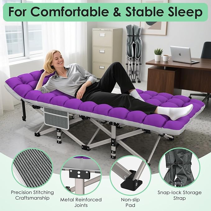 Suteck Camping Cot, Folding Camping Cot Bed for Adults Sleeping 1200D Double Layer Oxford Portable Folding Outdoor Cots for Camping W/Soft Pad Carry Bag for Home Office Nap Beach Travel, 500LBS,Purple