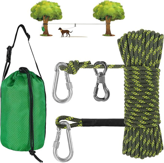 XiaZ Dog Tie Out Cable for Camping, 50ft Portable Overhead Trolley System for Dogs up to 200lbs，Dog Lead for Yard, Camping, Parks, Outdoor Events,5 min Set-up