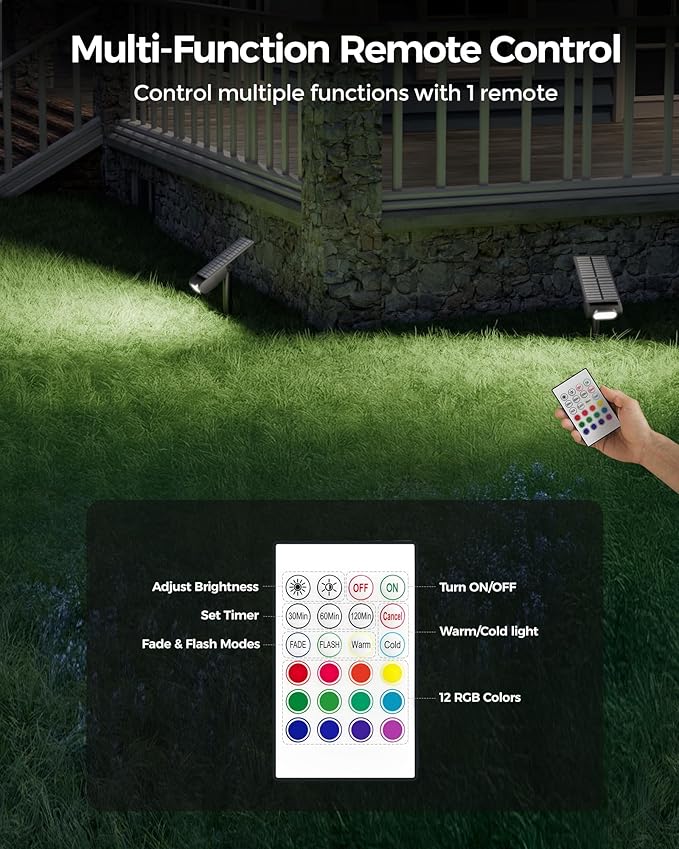 Solar Spot Lights Outdoor, 12 RGB Color Modes Landscape Light Waterproof IP67 with Remote Control, 2-in-1 Color Changing RGB/Cool/Warm White Solar Lights Outdoor for Yard Garden Pool 4 Pack