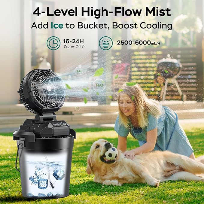 Portable Misting Fan for Outdoors Patios - 30000mAh Rechargeable Battery Powered Camping Fan, 4 Spray Mister with Timer, Fits 10-13" Bucket, 4 Speed, 90° Auto Oscillation for Garden Sports Travel Golf