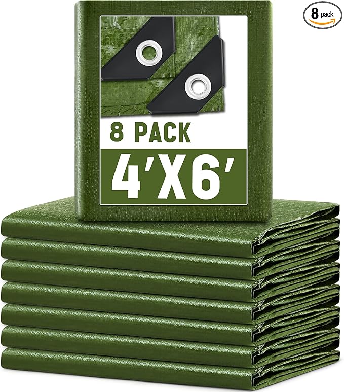 8 Pack 4 x 6 ft 5.5 Mil Small Tarps Heavy Duty Waterproof Tarp Multi Purpose Tent Cover for Home Boats Cars Camping Patio Furniture Roof Emergency Rain Protective Cover, Army Green