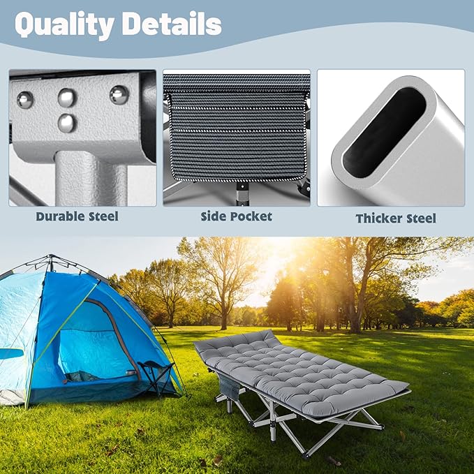Slsy Oversized XXL Folding Camping Cot for Adults with Pad, Padded Portable Sleeping Cots, Camp Bed with Carry Bag for Outdoor Travel, Beach, Hiking