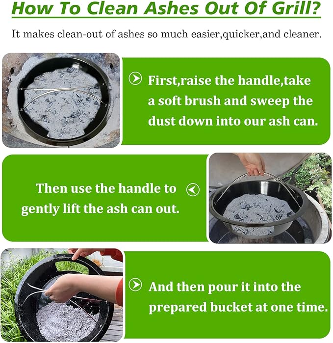 KAMaster Ash Can with Handle for XLarge Big Green Egg,Charcoal Ash Collector Must Haves Big Green Eggs Accessories Carbon Steel Ash Pot with Enamel Coating Steel Folding Handle Kamado Ash Basket