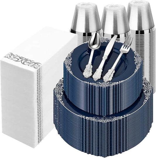700PCS Navy Blue Plastic Plates for 100 Guests, Disposable Plates with Gold Trim include 100 Dinner plates, 100 Dessert Plates, 100 Gold Silverware, Cups and Napkins for Party, Graduation