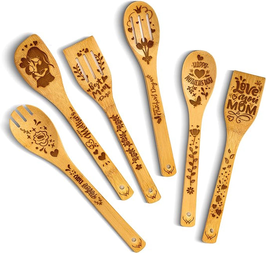 Kitchen gifts for Mom Wooden Spoons for Cooking 6-Piece Wooden Utensil Set with Spatulas & Spoons, Heat-Resistant, Eco-Friendly Kitchen Utensils for Non-Stick Cookware - gifts for her