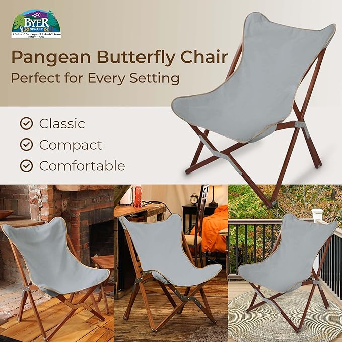 BYER OF MAINE Pangean Butterfly Chair, Easy-Fold Hardwood Sling Chair – Portable Beach, Camping & Patio Seat – 34″H × 23″W × 27″D in Granite