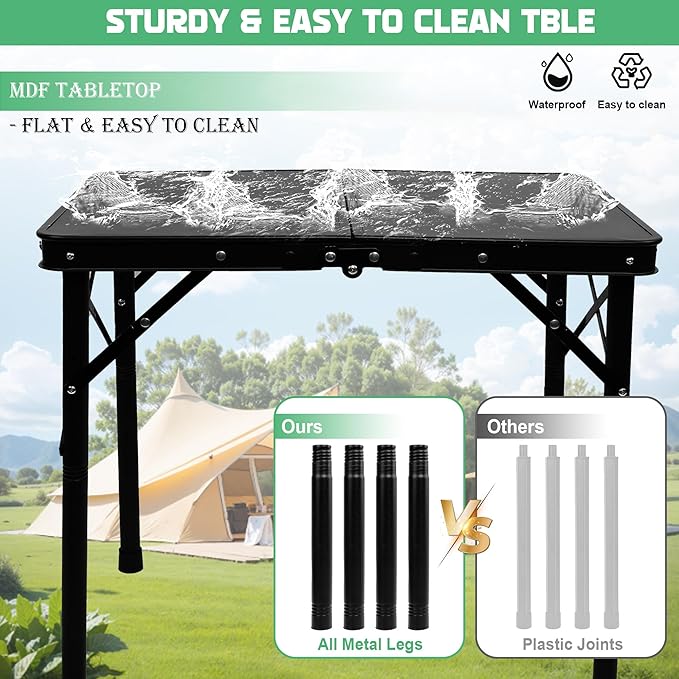 Folding Camping Table, Pure Black 2ft Picnic Table Metal Legs MDF Tabletop, Small Outdoor Table Adjustable Height, Lightweight, Portable Handle for Travel Cooking