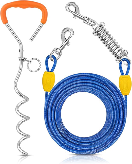 Petbobi Dog Tie-Out Cable and Stake - 50ft Heavy Duty Cable with Spring, No Tangle, 16in Ground Stake, Ideal for Yard, Camping and Beach, Suitable for Small Medium Large Dogs Up to 120 lbs, Blue