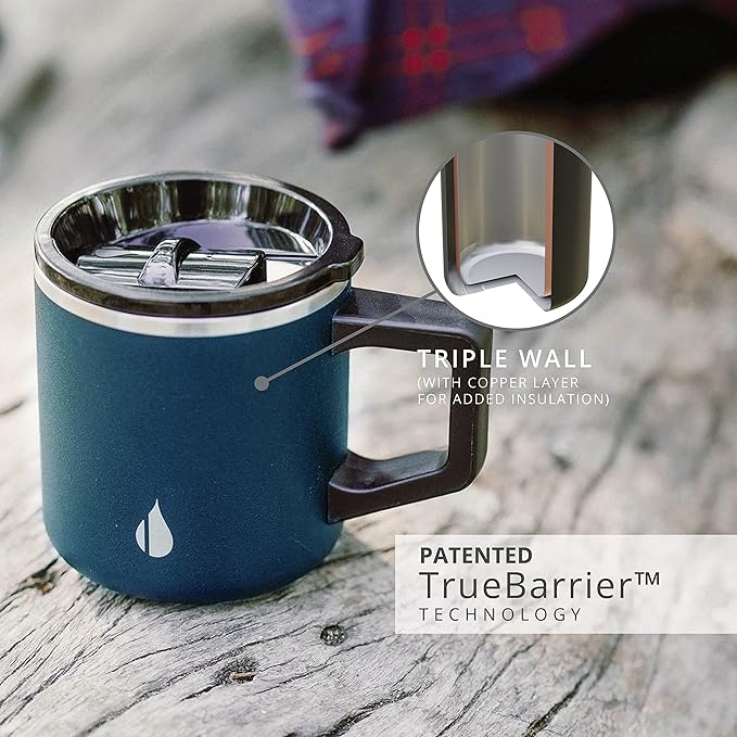 Elemental Insulated Coffee Mug - Triple-Wall Stainless Steel Summit Travel Cup for Hot and Cold Drinks - Thermal Coffee Mug with Lid and Handle for Camping, Office & Travel 12oz - Navy Blue