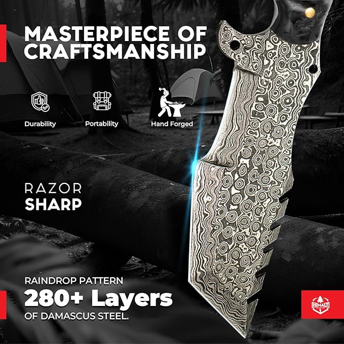 10.5” Damascus knife-Fixed Blade Hunting Knife with Sheath-Ram Horn Handle-Bushcraft, Survival & Camping knife- Ideal For EDC, skinning, Camping, Outdoor-Best Hunting Knives for Men