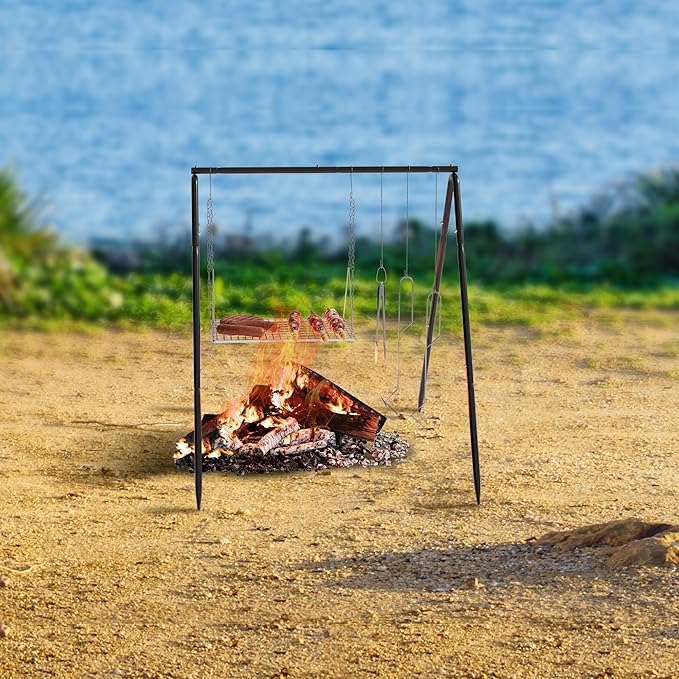 Campfire Tripod for Cooking, Portable & Collapsible Camping Cooking Tripod Grill with Round Grate for BBQ Picnic Outdoor Cookware Party (Swing Campfire Grill Stand)