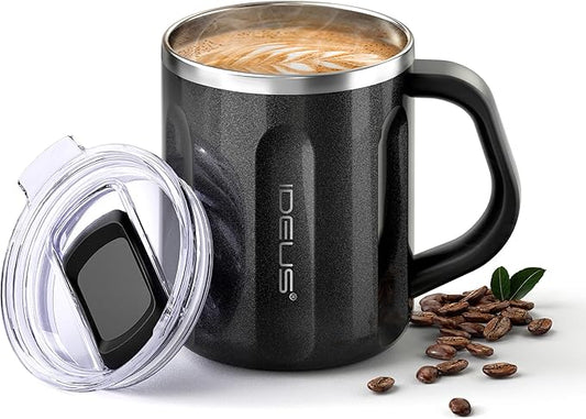 Ideus 16 oz Coffee Cup, Stainless Steel Coffee Travel Mug, Spill Proof Tea Mug with Handle and Lid, Lightweight and Durable, Great for Office Home and Outdoor Use, Black