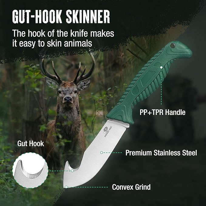Mossy Oak Field Dressing Kit, 4 Pcs Hunting Knife Set with Portable Sheath, Gut-Hook Skinner, Caping Knife, Wood/Bone Saw, Knife Sharpener, for Deer Hunting, Camping, Perfect Hunting Gifts for Men