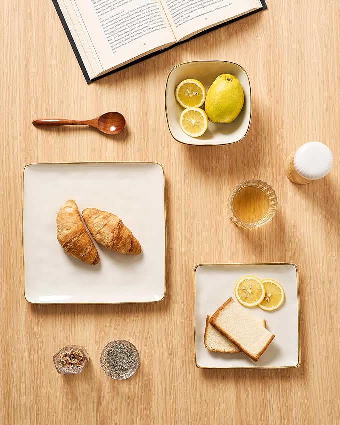 Famiware Dinnerware Sets for 8, Ocean Square 24-Piece Kitchen Plates and Bowls Sets, Microwave and Dishwasher Safe, Scratch Resistant, Vanilla White