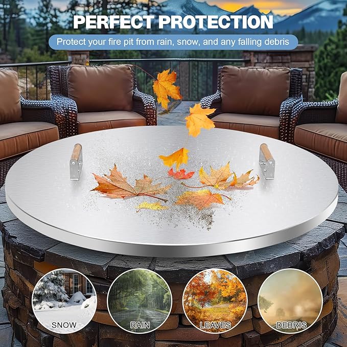 Fire Pit Lid Cover Round - 38" Stainless Steel Rust Resistant Firepit Cover or Table with 2 Wooden Handles for Patio Fire Pit, Weatherproof for All Seasons, Fits Fire Pits Up to 36"
