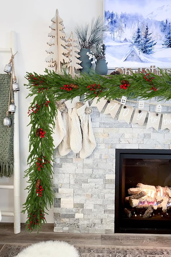 Hollyone 6FT Norfolk Pine Garland Real Touch Winter Pine Garland with Red Berry Christmas Garlands Artificial Greenery for Table Mantle Wall Indoor Outdoor Mantle Holiday Christmas Home Decor