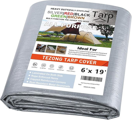 Tarps Heavy Duty Waterproof 6x20ft,TEZONG 12Mil Silver Tarp Multipurpose Plastic Tarpaulin Outdoor Cover for Emergency Rain,Patio Furniture,Roof,Camping,Car,Pool
