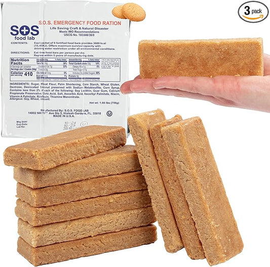 SOS Food Labs Rations Emergency 3600 Calorie Food Bar - 3 Day / 72 Hour Package with 5 Year Shelf Life- 3 Packs