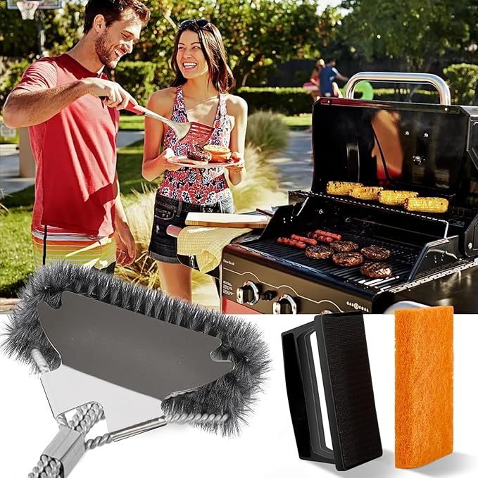 Professional Grill Brush and Scraper Kit - Heavy Duty BBQ Grill Brush with Stainless Steel Scrubber, Outdoor Grill Cleaning Brush Tools for Home, Restaurant & Commercial Use