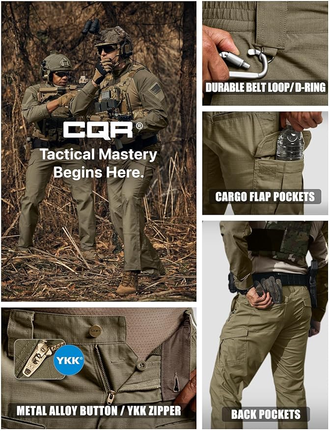 CQR Men's Flex Ripstop Tactical Pants, Water Resistant Stretch Cargo Pants, Lightweight EDC Hiking Work Pants