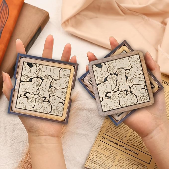 02 Bernese Moutain Dog Coaster - Bernese Moutain Dog Puzzle Wooden Coaster Set - Interlocking Jigsaw Drink Mats with Laser-Cut Design
