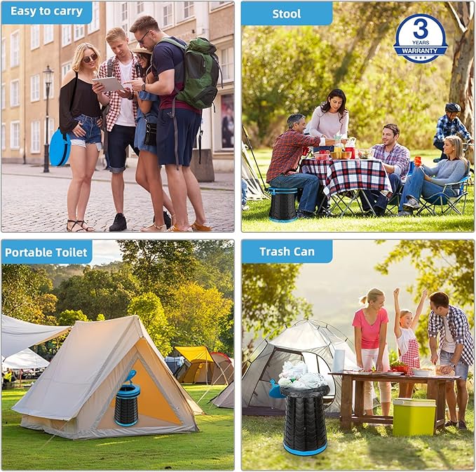 XXL Portable Toilet - 19.7"H Adjustable Foldable Camping Toilet, Luggable Loo with Lid, Strap,Toilet Bag for Camping, Hiking, Travel and Car