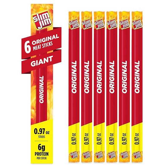 Slim Jim Giant Sized Original Smoked Snack Sticks, Keto Friendly Snack, Meat Snacks, 0.97 oz. Sticks, 6 Count