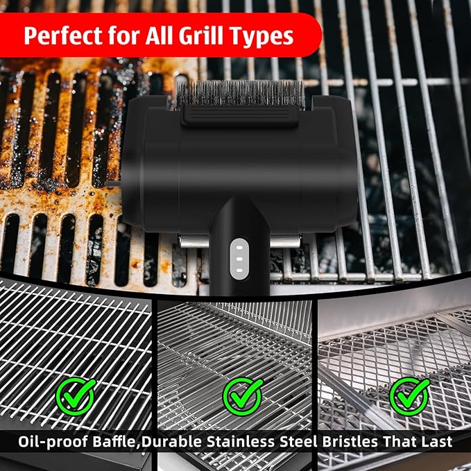 Electric Rechargeable Grill Brush,Grill Cleaner for Outdoor Grill with 800 RPM Motor - Bristle-Free Stainless Steel Grill Cleaner with LED Light for BBQ, Heavy Duty Grill Cleaning Tool(Black)