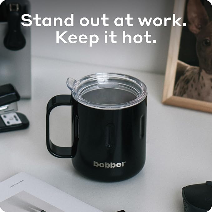 BOBBER 10 oz Insulated Coffee Mug with Handle & Lid – Premium Stainless Steel Camping Cup for Hot and Cold Drinks – Triple Walled Coffee Mug, Perfect for Home & Office (Black)