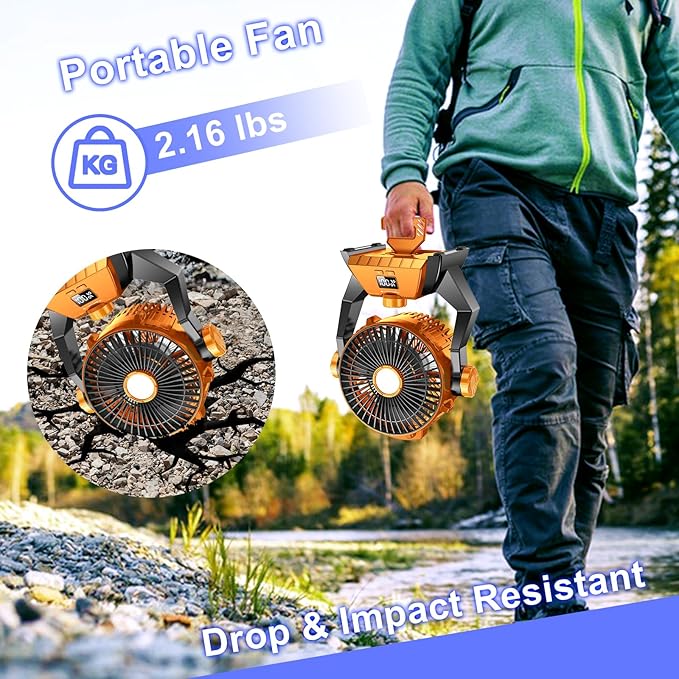 Camping Fan - Rechargeable Portable Battery Powered Camping Fans for Tents with LED Light, Power Display, Timers & 360° Hanging Hook, Ultra Quiet USB Personal Tent Fan for Fishing Travel Home Office