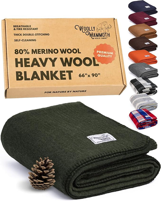 Woolly Mammoth Woolen Company Merino Wool Throw Blanket - 66 x 90 in, 4 lb, Hunter Green - Heavyweight & Breathable - Camping Essentials & Hunting Essentials