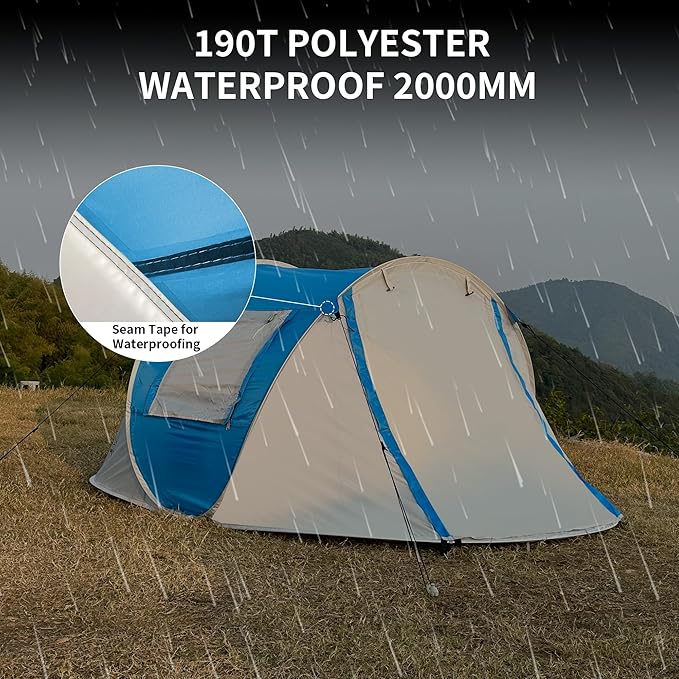 TENPLAY Pop Up Tent,2 People,190T Polyester,Waterproof2000mm,PU Coating,Automatic Setup,2Door,UV Protection,Lightweight,Portable Tent for Hiking,Picnic,Camping