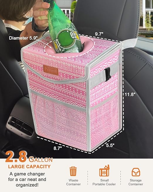 Car Trash Can with Lid, Cute Leakproof Car Trash Garbage Bag Hanging Vehicle Trash Bin Small Portable Automotive Garbage Cans Organizer for Back/Front Seat/Console(2.8 Gallons,Pink Print)