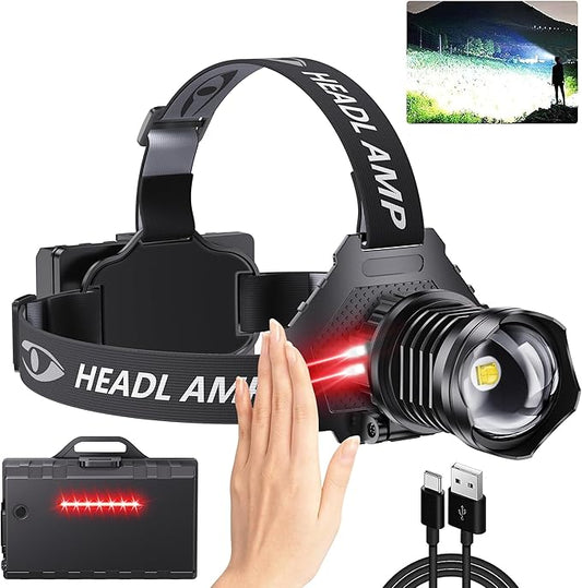 AMAKER LED Rechargeable Headlamp, High Lumens Super Bright with 5 Modes & IPX7 Level Waterproof USB Rechargeable Zoom Headlamp, 90° Adjustable for Outdoor Camping, Running, Cycling, Climbing