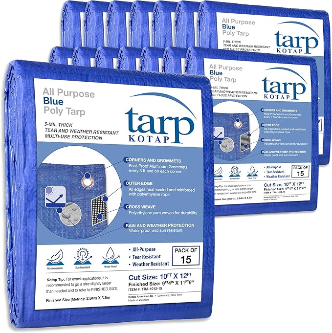 KOTAP All-Purpose Multi-Use 5-mil Poly Tarp, Blue, Cut Size 10 x 12 ft./Finished Size 9 ft. 4 in. X 11 ft. 6 in., TRA-1012-15, Waterproof