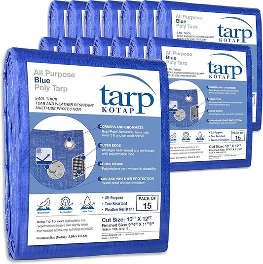 KOTAP All-Purpose Multi-Use 5-mil Poly Tarp, Blue, Cut Size 10 x 12 ft./Finished Size 9 ft. 4 in. X 11 ft. 6 in., TRA-1012-15, Waterproof