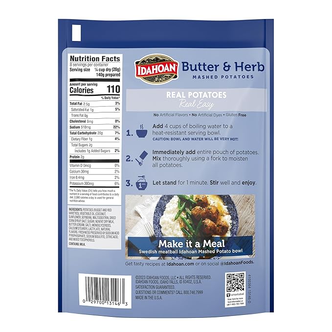 Idahoan Butter & Herb Mashed Potatoes, Naturally Gluten-Free, 100% Real Idaho Potatoes, 8 servings per bag, 8 ounce (Pack of 8)