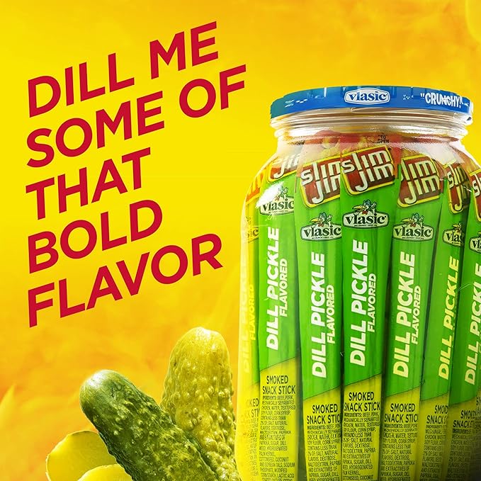 Slim Jim Giant Smoked Meat Sticks, Vlasic Dill Pickle Flavor, 6g Protein Per Stick, 0.97 oz. (24 Count)