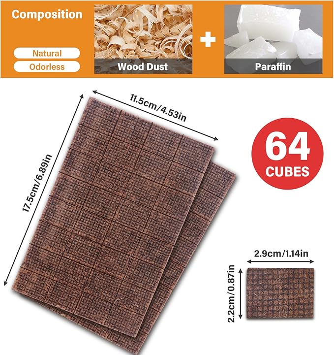 HGD Fire Starter, 64 Mini Square, Natural Fire Starters for BBQ, Campfire, Fireplace, Charcoal, Wood Stove, Chimney, Fire Pit, Grill, Smoker, Indoor Outdoor Use