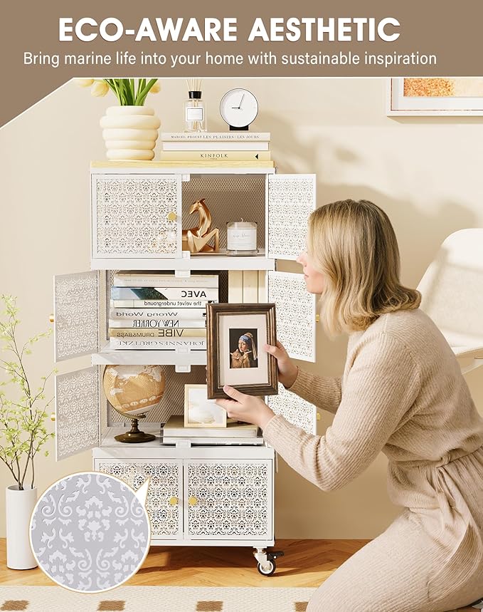 4 Tier Metal Storage Bins and Boxes Organizer, Magnetic Doors & 360°Swivel Lockable Wheels, Easy,labor-Saving, Ocean Life Cutout Pattern, Eco-Aesthetic for Living Room,Bedroom,bathroom,kitchen