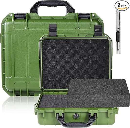 14.3 x 11.4 x 4.5 Inch Waterproof Hard Case with DIY Customizable Foam Insert Portable Protective Case with Knife for Camera Drones Equipments Tools Test Instruments (Green)