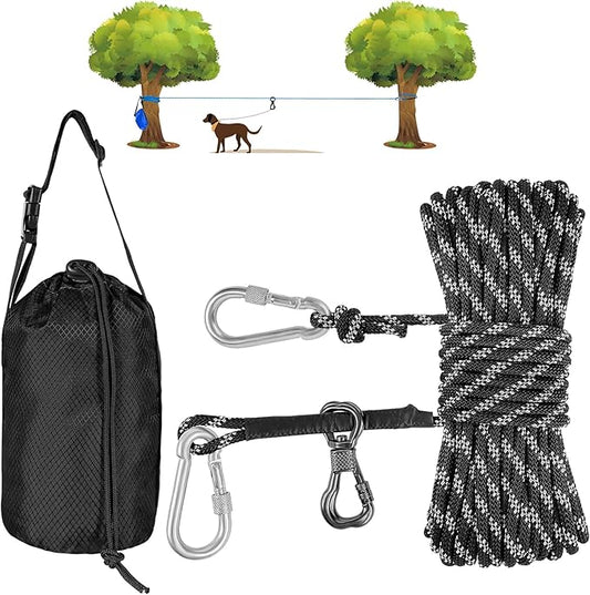 XiaZ Dog Camping Leash, 50ft Portable Overhead Trolley System for Dogs up to 200lbs, Dog Tie Out Cable, Camping, Parks, Outdoor Events,5 min Set-up,Black