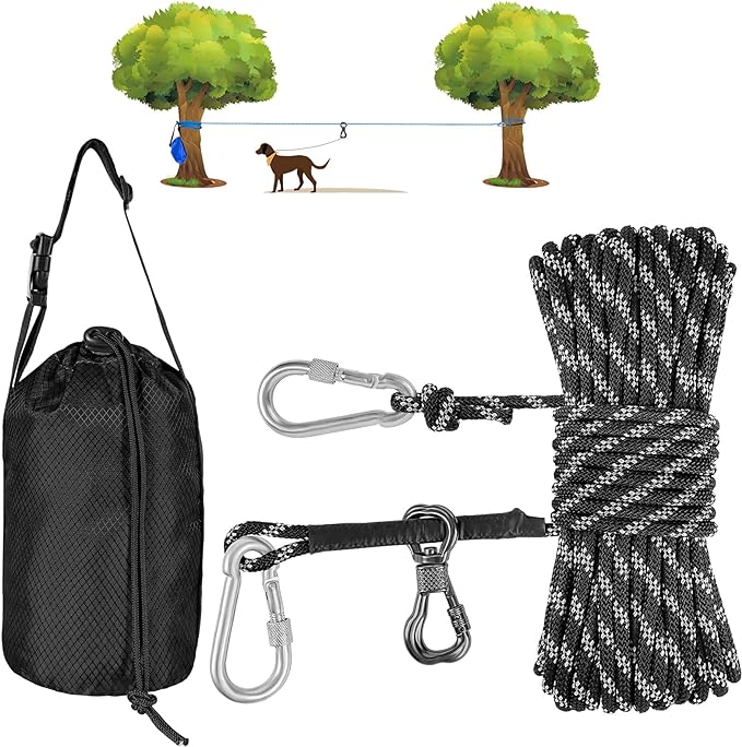 XiaZ Dog Camping Leash, 100ft Portable Overhead Trolley System for Dogs up to 200lbs, Dog Tie Out Cable, Camping, Parks, Outdoor Events,5 min Set-up,Black