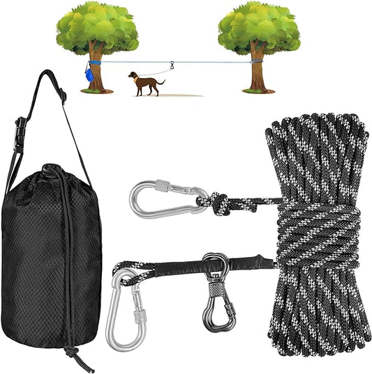 XiaZ Dog Camping Leash, 100ft Portable Overhead Trolley System for Dogs up to 200lbs, Dog Tie Out Cable, Camping, Parks, Outdoor Events,5 min Set-up,Black