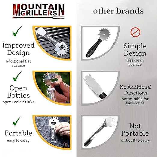 Mountain Grillers BBQ Grill Grate Scraper - Wide Portable Grill Scrubber for Outdoor Grill, Griddle, Smoke or Oven Grates - Non Slip Stainless Steel Grill Cleaning Tools with Built-in Bottle Opener