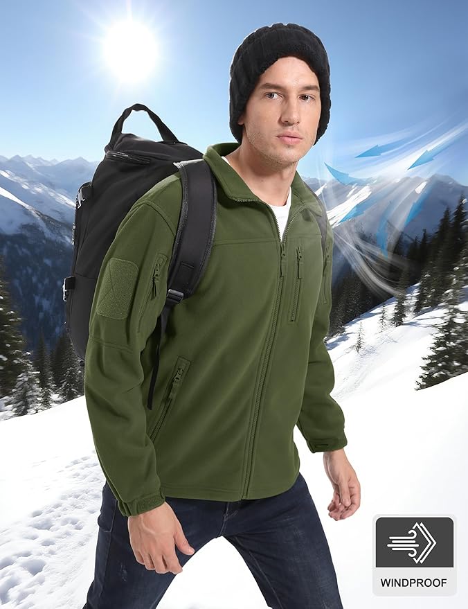 CRYSULLY Men's Fleece Jacket Tactical Full-Zip Winter Coat Jackets Multi Pockets