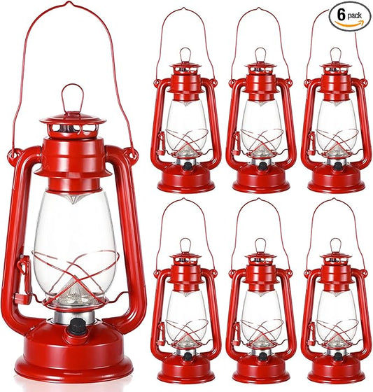 Hortsun 6 Pcs 12 Inch Vintage LED Hurricane Lantern Metal Red Outdoor Battery Operated Hanging Lantern with Warm LEDs and Dimmer Switch for Indoor Rustic Farmhouse Country Camping Decor
